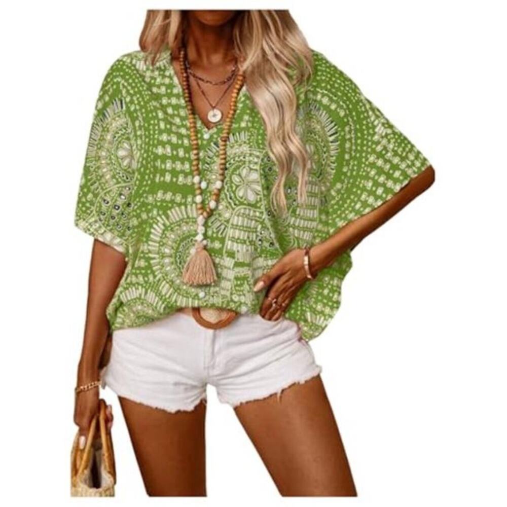 Women’s Green Boho V-Neck 3/4 Sleeve Blouse Vintage 70s Summer Top - Picture 8 of 12